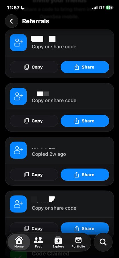 A screenshot of a mobile app's Referrals page showing several options to copy or share referral codes.