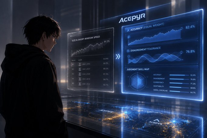 An anime-style digital artwork showing a dark-haired character looking at glowing blue holographic data screens labeled 'ACEPYR' displaying performance metrics like 'SIZE & SHORT-WINDOW SPEED' and 'ACCURACY (EQUAL WEIGHT)'.