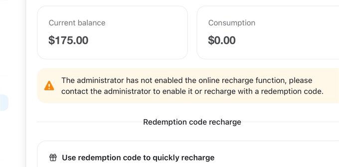 A account recharge interface showing a current balance of $175.00 and consumption of $0.00, with a notice that online recharge is not enabled and prompting the user to use a redemption code.