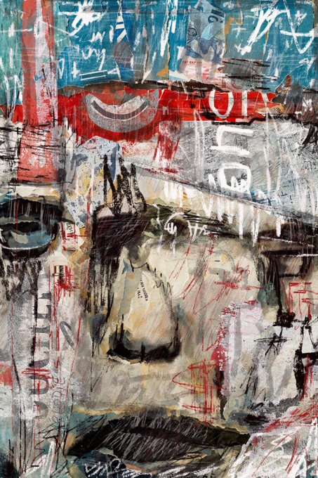 An abstract expressionist painting features chaotic layers of black, white, and red brushstrokes with embedded text fragments.