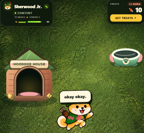 The image is a screenshot from the Hoodoge House virtual pet game, showing the user's Shiba Inu character named "Sherwood Jr." saying "okay okay.." next to a "HOODOGE HOUSE" and a food bowl labeled "TREATS" with "10" available (1st burn counter displayed). This ties to the post's promotion of the HOODOGE memecoin's "FEED ME" game on feedme.hoodoge.com, inviting free adoption of the virtual doge pet.