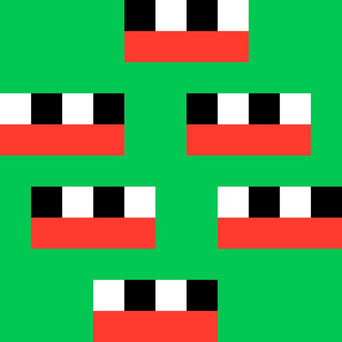 An abstract graphic shows five identical checkered flag-style logos with red, white, and black sections arranged in a circular pattern against a bright green background.
