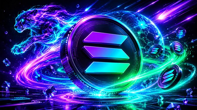 A vibrant Solana cryptocurrency coin logo surrounded by neon purple and teal cosmic energy, with a glowing panther-like creature in the background.