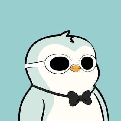 A cartoon penguin with white sunglasses and a black bow tie against a light blue background.
