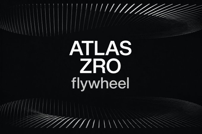 Minimalist black promotional banner with white text reading 'ATLAS ZRO flywheel' featuring decorative line patterns at the top and bottom edges.