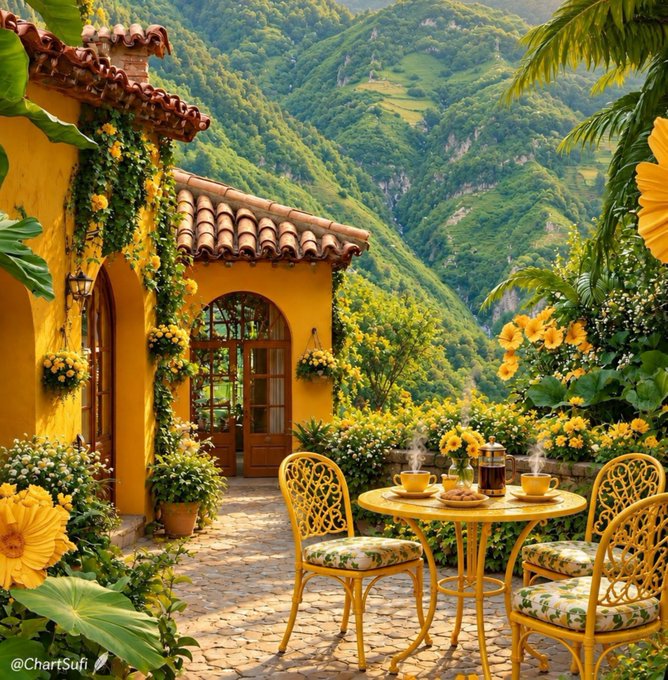 A sunlit yellow Mediterranean villa patio features a wrought-iron table set with steaming coffee cups and pastries, surrounded by lush sunflowers and rolling green mountains. The watermark "@ChartSufi" appears in the corner, though the image's warm, secure, long-term setting thematically contrasts with the post's focus on evolving privacy and cryptographic threats.
