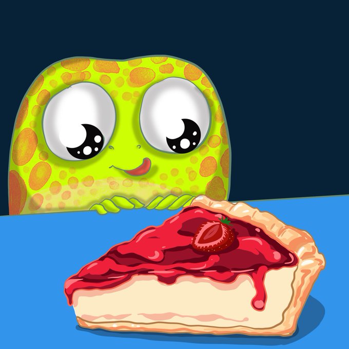 A cartoon illustration of a green, spotted blob-like creature with large, shimmering eyes gazing longingly at a slice of strawberry pie topped with red glaze.