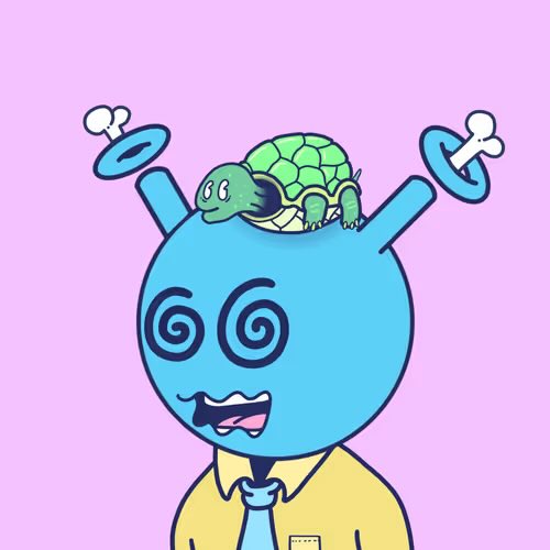 A cartoon blue alien character with spiral eyes, bone-shaped antennae, and a turtle sitting on its head against a pink background.