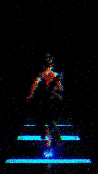 A heavily glitched, pixelated digital art piece showing a humanoid figure with red and blue chromatic aberration effects against a black background with blue light streaks.