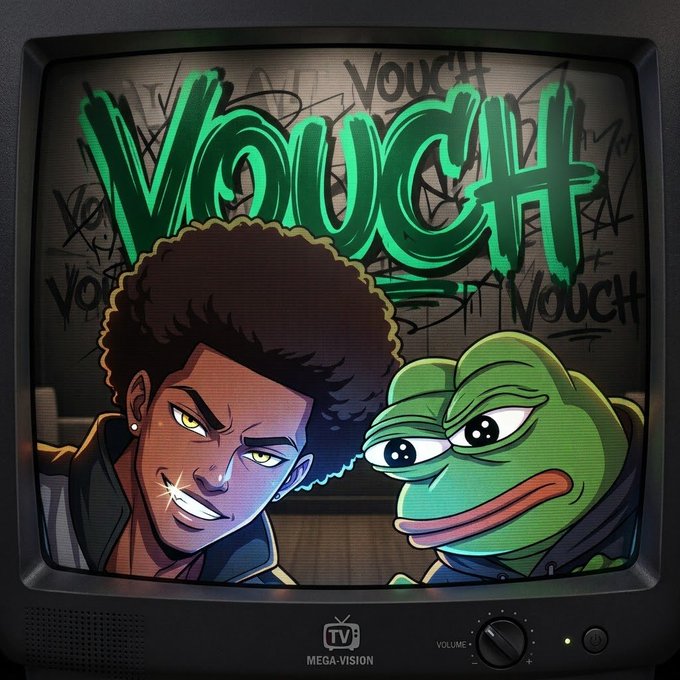 An animated illustration displayed on a retro TV screen labeled 'MEGA-VISION', showing a young man with an afro next to a Pepe the Frog-style character under green graffiti text reading 'VOUCH'.