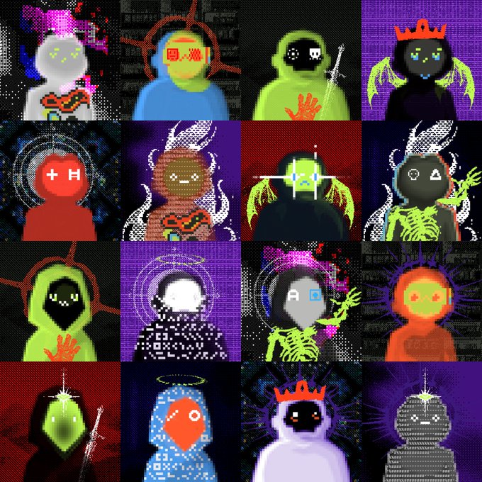 A grid of sixteen colorful, pixel-art style avatar portraits featuring various characters with crowns, halos, and digital glitch effects.