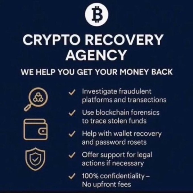 Crypto Recovery Agency advertisement with a Bitcoin logo, claiming to help get money back by investigating fraudulent platforms, using blockchain forensics, helping with wallet recovery, and offering legal support with 100% confidentiality.