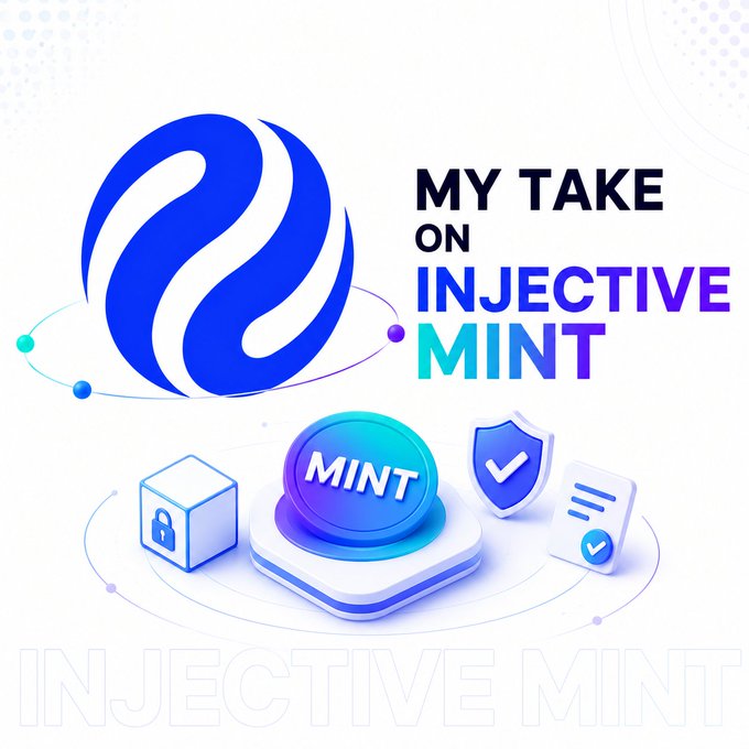 The image is a promotional graphic titled "MY TAKE ON INJECTIVE MINT," featuring the Injective logo alongside 3D icons of a padlock, a "MINT" button, a security shield, and a verification document—visually reinforcing the post's emphasis on Injective Mint's built-in, compliance-first approach to tokenization.