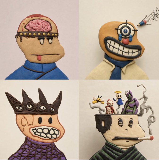 Four hand-sculpted clay figures displayed in a grid, each uniquely designed with surreal features like an exposed brain, a toothy grinning face, a spiked crown with multiple eyes, and a hooded character smoking a cigarette with small figures and smoke emerging from the head — showcasing the artistic style of the 0xClayFactory collection of 3,203 handmade 1/1 clay sculptures.