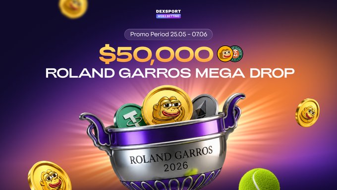 The image shows an advertisement for a casino game called "Rolanda Garros Mega Drop" featuring a large bowl filled with cartoon coins depicting raccoons, placed against a purple background that also contains gold coins and tennis balls. The title of the post reads "@dexsport Leaderboard $50k Promo Period 26.05.2021". The image suggests that there is something cool just popped up in this leaderboard at the casino, and anyone can join using almost any cryptocurrency to take part. Additionally, users who use the specific wager called "1.5x boost for @PONKE" will receive a pretty solid advantage too, without needing massive volume. The post seems to focus on how fun and engaging the game is, drawing attention through its visually appealing design featuring the cartoon raccoons in the bowl.
