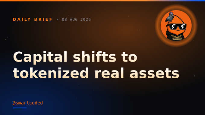The image is a "Daily Brief" graphic dated 08 Aug 2026 with the headline "Capital shifts to tokenized real assets," branded by @smartcoded and featuring an orange circular logo of a hooded figure with sunglasses and a rocket. It visually previews the post's message about the $7.4B surge in tokenized real-world assets (led by gold, Treasuries, and the S&P 500) outpacing a ~70% drop in DEX spot volume, illustrating how capital is migrating from speculative memecoin trading to yield-bearing RWA products.