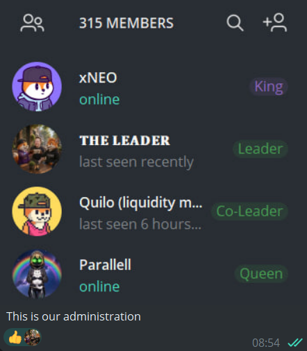 A Discord server member list showing 315 members, with roles for xNEO (King), THE LEADER (Leader), Quilo (Co-Leader), and Parallell (Queen), captioned 'This is our administrastion'.