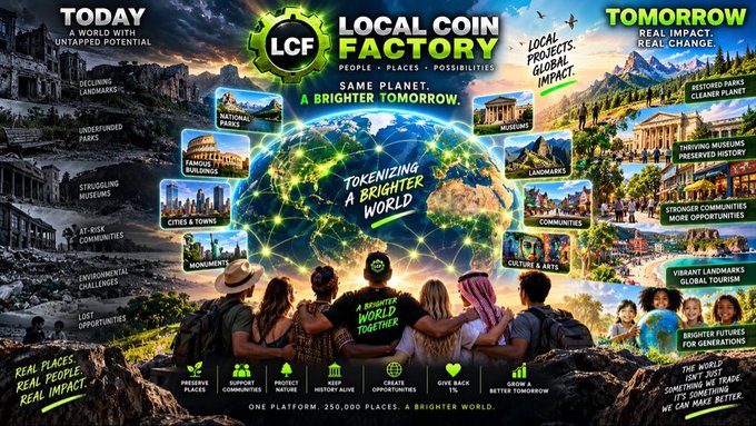 A promotional banner for 'LCF Local Coin Factory' with the tagline 'Tokenizing A Brighter World,' contrasting a decayed 'Today' with a vibrant 'Tomorrow' showcasing tokenized global landmarks and communities.