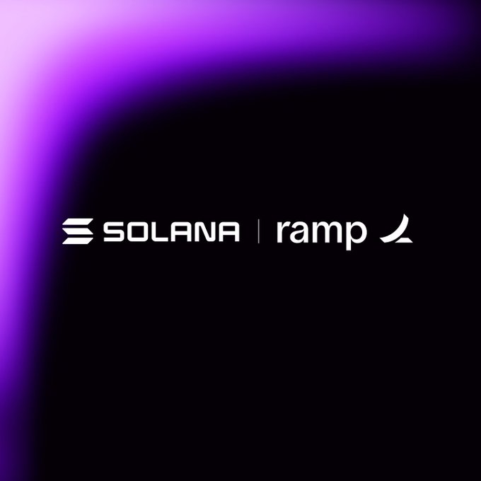 A dark, purple-tinted graphic displays the white logos of "SOLANA" and "ramp" side by side, separated by a vertical line, with a stylized swoosh accent next to "ramp." The minimalist branding visually reinforces the partnership or announcement between the two platforms.