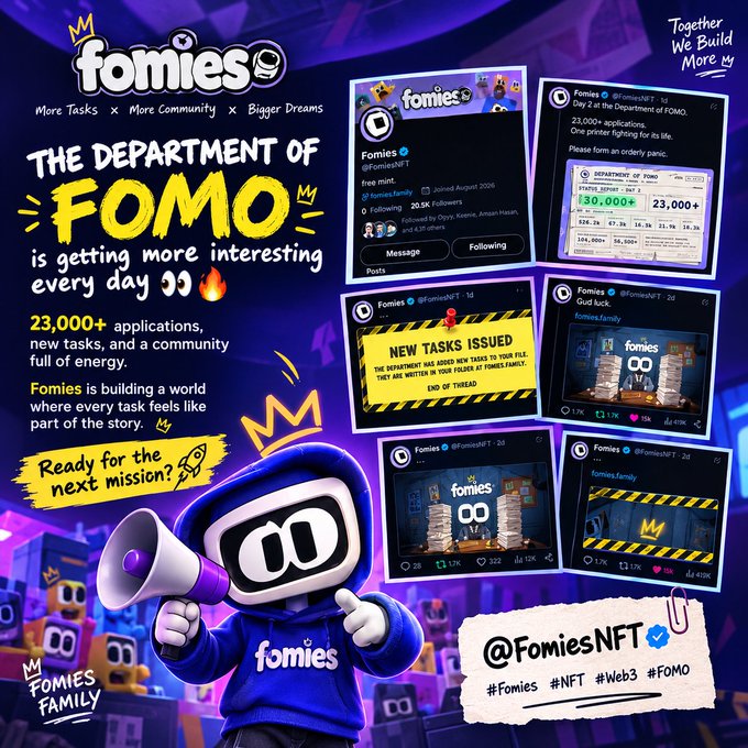 A promotional poster for 'fomies NFT' featuring a mascot in a purple hoodie holding a megaphone, with screenshots of social media posts, and text including 'THE DEPARTMENT OF FOMO', '23,000+ applications', and '@FomiesNFT'.