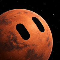 A reddish, cratered planet resembling Mars set against a starry black background, featuring two black oval shapes that give it a face-like appearance.