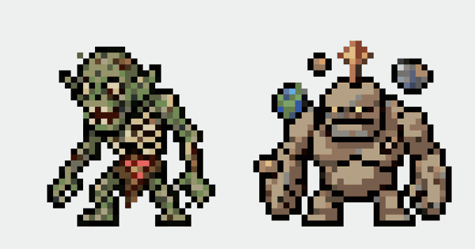 Two pixel-art sprite characters: a green, plant-like humanoid on the left and a grey, bulky creature with a wooden topknot on the right.