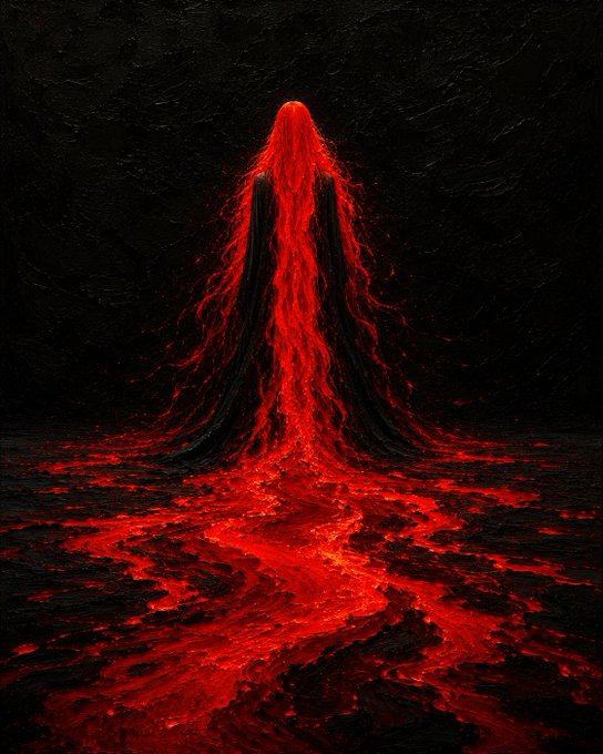 A dark, textured painting depicts a tall, conical mountain erupting with bright red, lava-like flows that cascade down and spread across the ground.