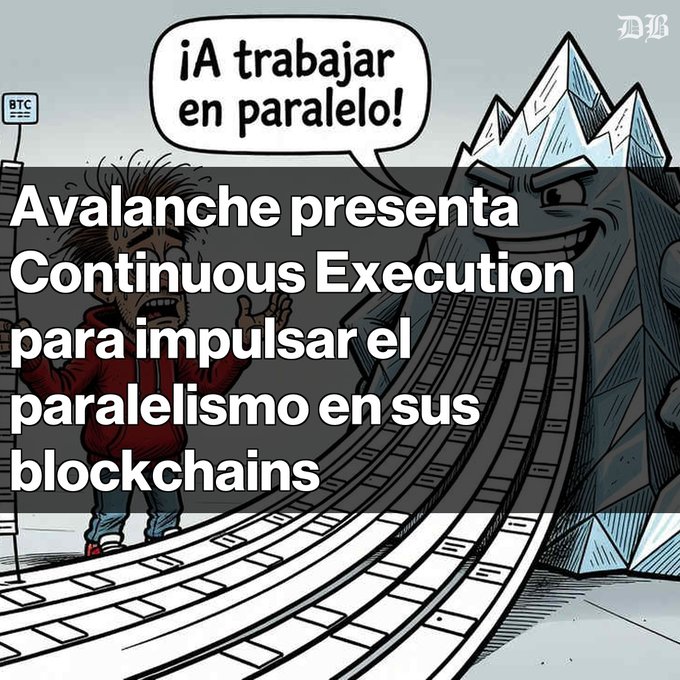A cartoon illustration showing a person in a red hoodie and an ice mountain character, with Spanish text announcing 'Avalanche presenta Continuous Execution para impulsar el paralelismo en sus blockchains'.