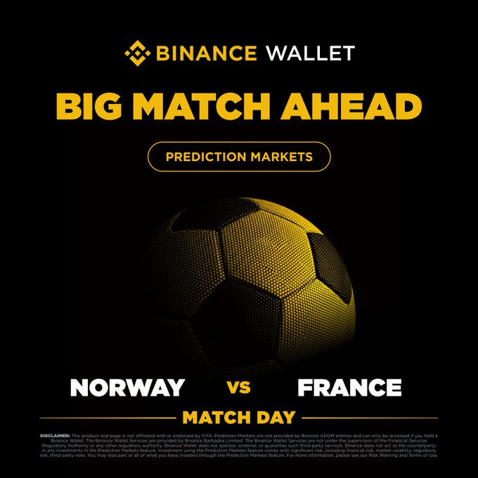 A Binance Wallet promotional graphic for Prediction Markets featuring a stylized yellow soccer ball on a black background, with bold text announcing "BIG MATCH AHEAD" and promoting the Norway vs France match day, aligning with the post's call to trade predictions and compete for a share of 100,000 USDT.
