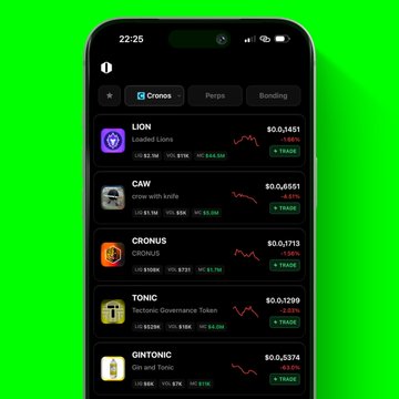 A smartphone displays a crypto trading app on a green screen background, showing tokens including LION, CAW, CRONUS, TONIC, and GINTONIC with their respective prices.