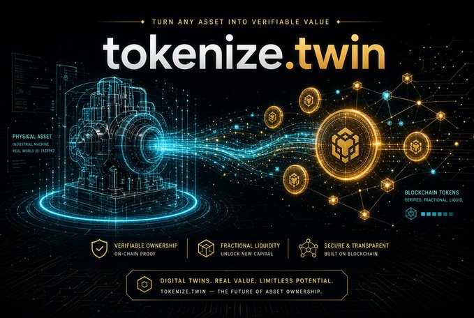 Promotional graphic for tokenize.twin, featuring the tagline 'TURN ANY ASSET INTO VERIFIABLE VALUE' and highlighting features like 'VERIFIABLE OWNERSHIP', 'FRACTIONAL LIQUIDITY', and 'SECURE & TRANSPARENT' alongside imagery of industrial machinery transforming into blockchain tokens.