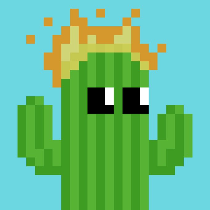 A pixelated cartoon image of a green cactus wearing sunglasses and a yellow/orange flower on top, set against a light blue background.