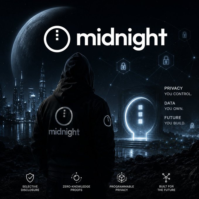 A promotional graphic for 'midnight' featuring a hooded figure with the brand logo on their back, standing before a futuristic cityscape under a large moon. The ad highlights features like 'PRIVACY YOU CONTROL', 'DATA YOU OWN', 'FUTURE YOU BUILD', 'SELECTIVE DISCLOSURE', 'ZERO-KNOWLEDGE PROOFS', 'PROGRAMMABLE PRIVACY', and 'BUILT FOR THE FUTURE'.
