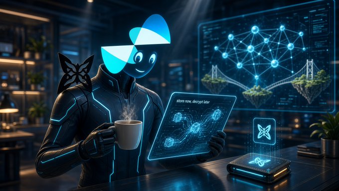 A futuristic digital illustration of a glowing blue character in armor holding a coffee mug alongside a transparent holographic laptop displaying code, surrounded by floating blockchain and tech icons.
