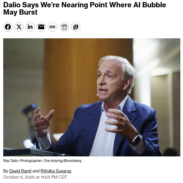 Bloomberg article headlined 'Dalio Says We're Nearing Point Where AI Bubble May Burst' featuring Ray Dalio, dated October 6, 2026, by David Ramli and Rthvika Suvarna.
