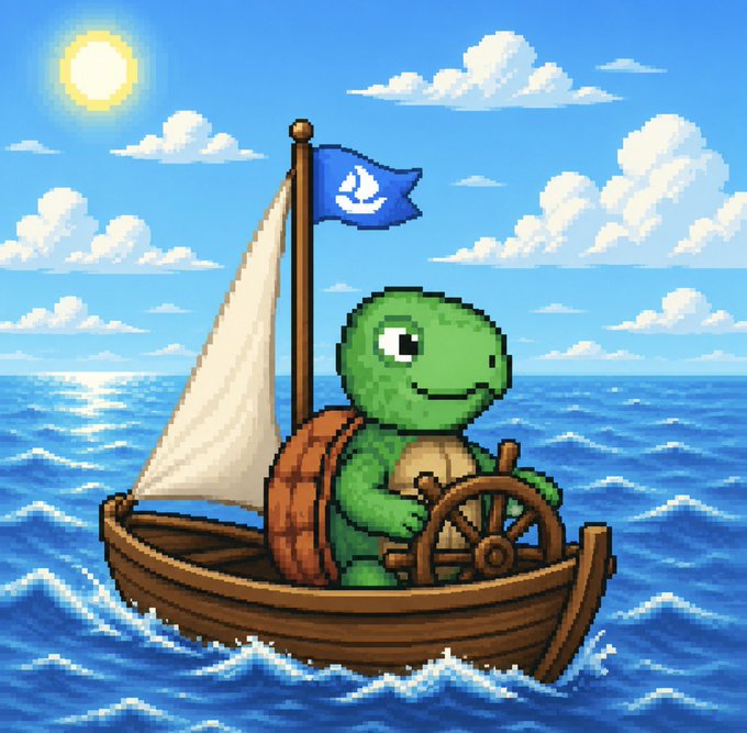 A pixel art illustration of a smiling green turtle wearing a shell as a backpack, steering a wooden sailboat with a white sail and a blue flag across a blue ocean under a sunny sky.