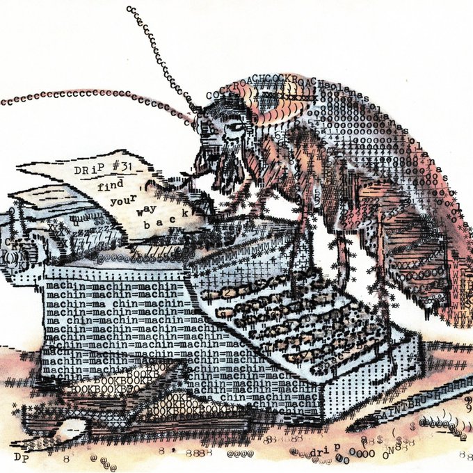 The image features a typewriter with a large, detailed illustration of a cockroach sitting on top of it. The cockroach appears to be reading or typing something on the typewriter's paper. The typewriter itself has a unique design that resembles a small robot, and it is placed on a table covered in various objects such as a book, a piece of paper with writing on it, and some other items. The image also includes text elements related to the post "solana".
