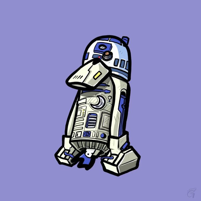 A cartoon illustration of an R2-D2-style astromech droid rendered in a stylized art style against a solid purple background.