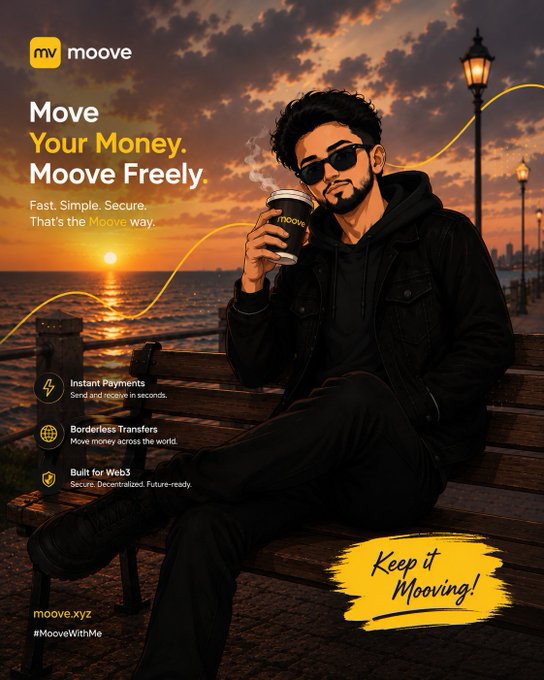 An advertisement for 'moove' featuring a stylized illustration of a man in sunglasses holding a coffee cup on a bench at sunset, with text reading 'Move Your Money. Moove Freely.' and listing features like 'Instant Payments' and 'Borderless Transfers.'