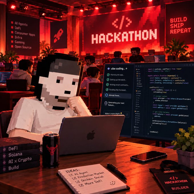 A pixel-art character works on a laptop at a hackathon, surrounded by books labeled "DeFi," "Solana," "AI x Crypto," and "Build," with sticky notes listing ideas like "AI Agent," "Prediction Market," and "More DeFi." The scene captures the essence of the post's prompt, inviting viewers to share their own creative projects in areas like crypto, AI, and web3 development.
