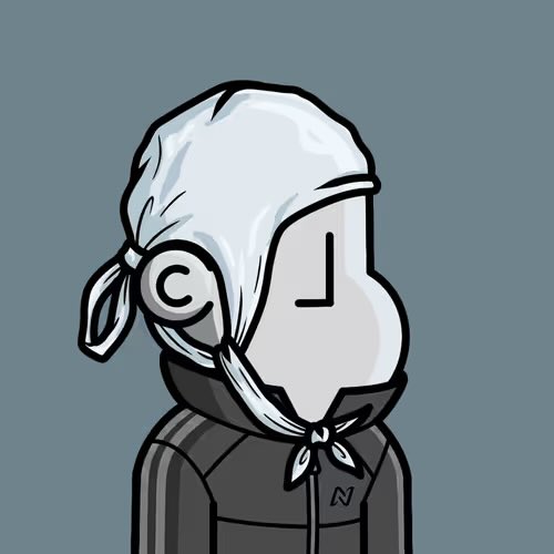 A cartoon illustration of a character wearing a white head covering tied at the back and a black jacket with an 'N' logo on the chest, against a solid grey background.