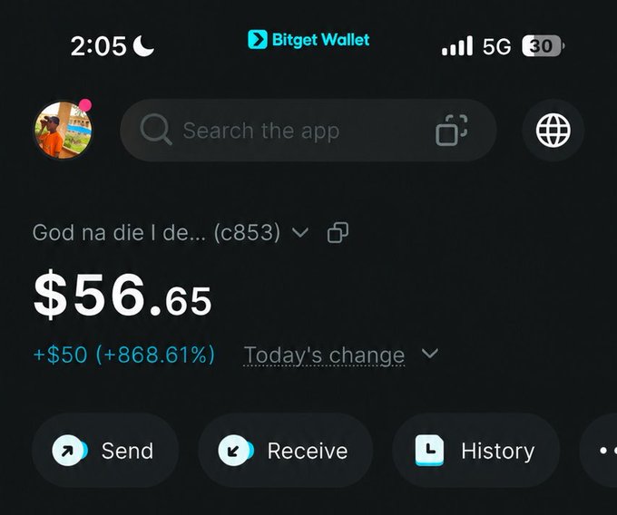 A screenshot of the Bitget Wallet app shows an account ending in "c853" holding a balance of $56.65, with a "Today's change" of +$50 (+868.61%) prominently displayed. This directly supports the post's claim of earning "$50 everyday," illustrating the $50 daily gain that allegedly helps keep the user from poverty.