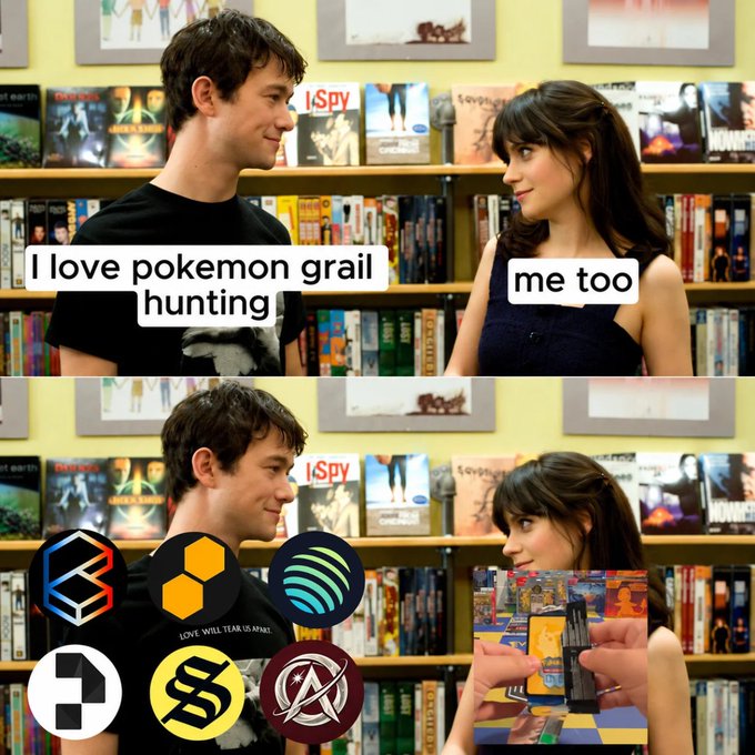 The image is a meme using the "Hipster Couple in Bookstore" template, showing the man saying "I love pokemon grail hunting" and the woman replying "me too," before revealing he's on Polygon and she's using Stamp on physical Pokémon cards. 

The caption humorously relates to a "How I Met Your Mother" plot idea where the characters bond over niche Pokémon card collecting rather than the typical romantic meet-cute, suggesting their love story begins through a shared obsession with grail hunting on crypto platforms.