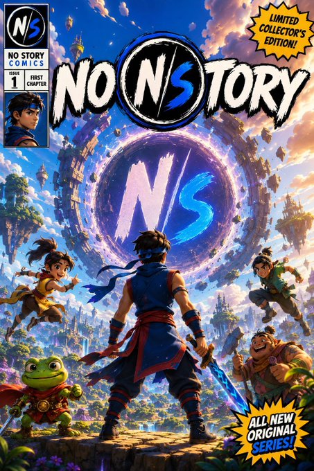 A comic book cover for 'No Story Comics' Issue 1, First Chapter, labeled as a 'Limited Collector's Edition' and 'All New Original Series,' featuring anime-style characters and a frog warrior in front of a swirling portal.