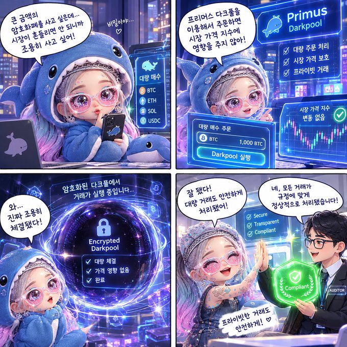 A four-panel digital comic illustration featuring an anime-style character in a blue whale hoodie discussing 'Primus Darkpool' and 'Encrypted Darkpool' cryptocurrency trading concepts with Korean text.