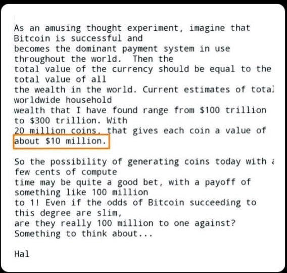 The image shows an email from someone named Hal, which contains text discussing the possibility of generating Bitcoins for $10 million. The email also includes a screenshot of a webpage that talks about Bitcoin's success and its potential value.
