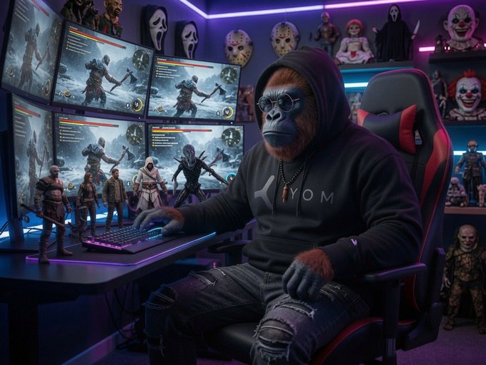 An anthropomorphic orangutan wearing sunglasses and a black hoodie sits at a gaming setup with multiple monitors displaying video games, surrounded by horror-themed masks and figurines on shelves.