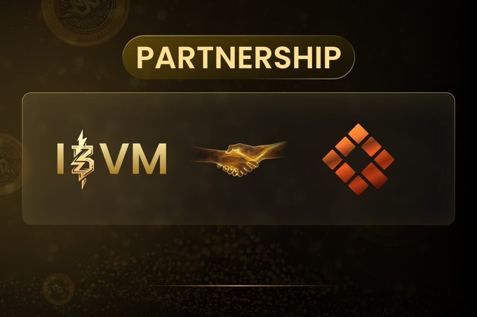 A partnership announcement graphic featuring the text "PARTNERSHIP" above the logos of "I₿VM," a handshake, and an orange diamond-shaped logo (ValueQube), set against a dark, gold-accented background, visually representing the collaboration announced in the post between the two projects.
