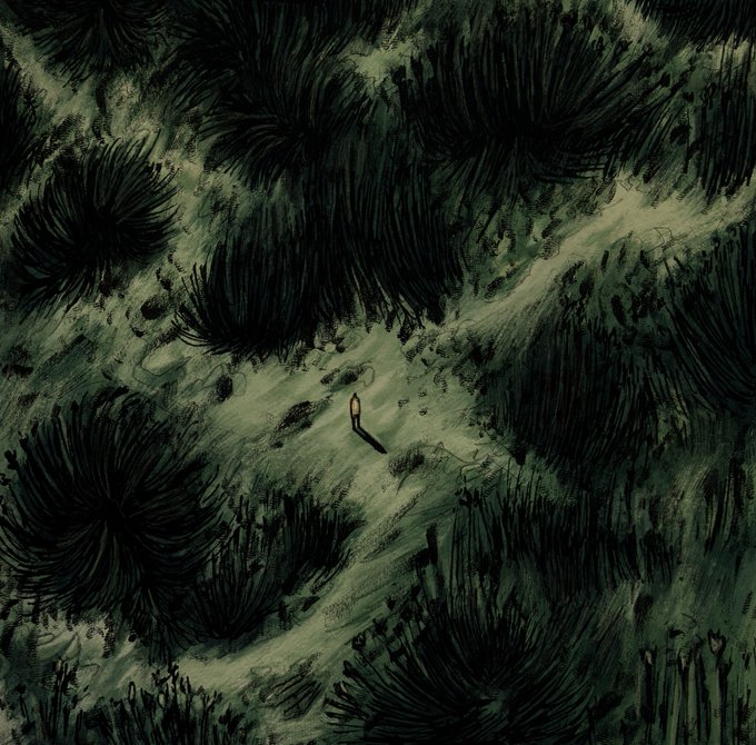 An aerial view of a lone figure in a cloak walking through a dark, ominous forest with a misty trail, illustrated in deep green and black tones.