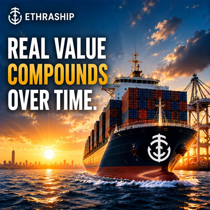 A promotional graphic for 'ETHRASHIP' featuring a large cargo ship at sea during sunset, with the text 'REAL VALUE COMPOUNDS OVER TIME.' displayed prominently alongside the company's anchor logo.